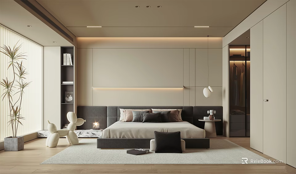 Modern Bedroom Interior Design With Bed Nightstand Closet And Decorative Lighting 3d model 
