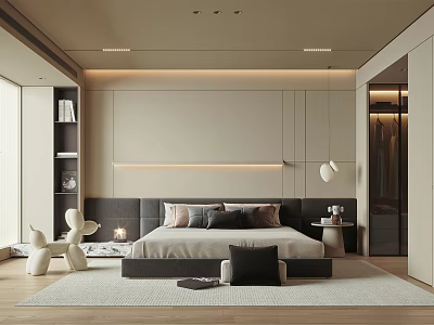 Modern Bedroom Interior Design With Bed Nightstand Closet And Decorative Lighting 3d model
