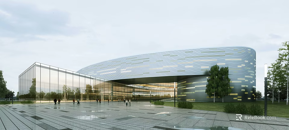 Modern Industrial Park With Streamlined Glass Curtain Wall And Plaza Greenery 3d model 