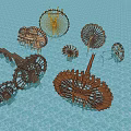 Garden Ornaments Featuring Various Decorative Water Wheels In Pond Setting