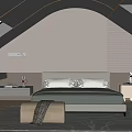 Modern Attic Bedroom Interior With Skylight Curved Ceiling Lights Light Colored Walls And Area Rug