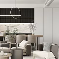 Modern Dining and Living Room Interior With Marble Table Gray Sofa And Hanging Lights