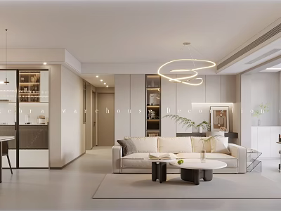 Modern Living Dining Room Interior With Beige Sofa Coffee Table And Hanging Pendant Lights 3d model