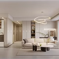 Modern Living Dining Room Interior With Beige Sofa Coffee Table And Hanging Pendant Lights