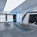 Modern Tech Exhibition Hall With Digital Screens Display Racks And Workstations 3d model