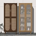 Modern Minimalist Bookcases With Rattan And Glass Doors For Decorations And Books
