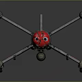 Futuristic Metallic Flying Vehicle With Red Accents Multiple Arms And Landing Gear