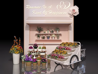Romantic Flower Display With Shelves Cart And Colorful Potted Plants 3d model