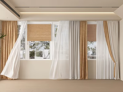 Beige and White Linen Curtains with Roller Blinds and Natural Light in Bright Interior 3d model