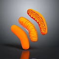 Three Vibrant Orange Curved Tubular Structures With Internal Ribbed Design Arranged In Flowing Form