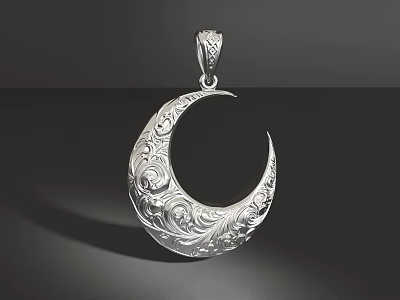 Silver Crescent Moon Pendant With Intricate Filigree Patterns And Elegant Design 3d model