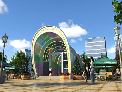 Building Facade with Arched Colorful Glass Design Surrounded by Pedestrians Green Plants and Street Lamps 3d model