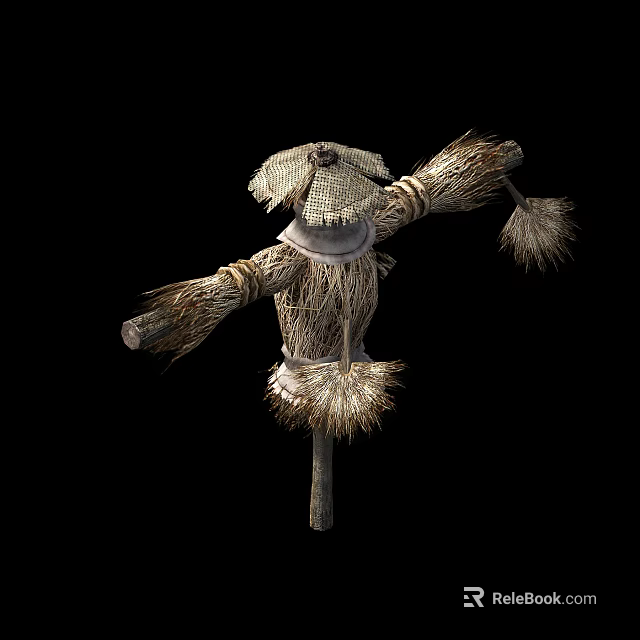Scarecrow With Straw Hat And Woven Body On Wooden Pole Against Black Background 3d model 