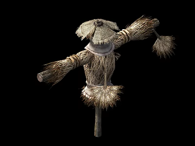 Scarecrow With Straw Hat And Woven Body On Wooden Pole Against Black Background 3d model