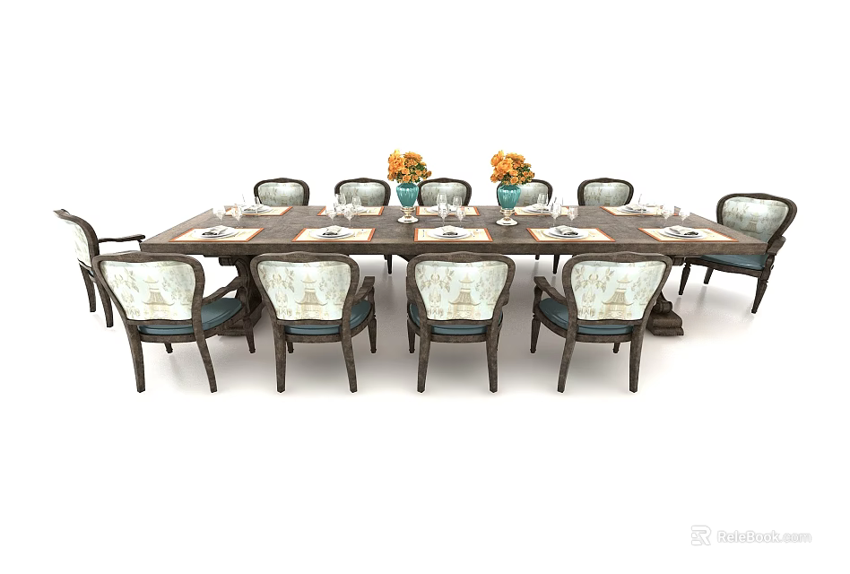 Elegant Dining Table Set With 10 Patterned Backrest Chairs And Tableware Vases 3d model 