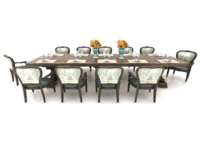 Elegant Dining Table Set With 10 Patterned Backrest Chairs And Tableware Vases 3d model