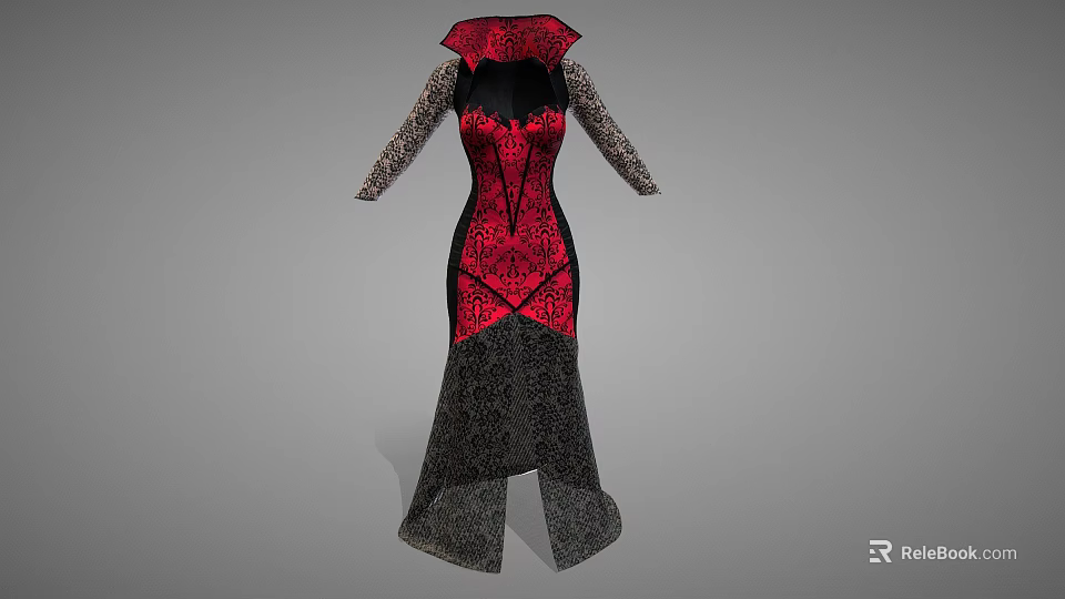Elegant Gothic Character Dress With Red Black Intricate Pattern And Long Sleeves 3d model 