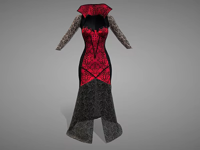 Elegant Gothic Character Dress With Red Black Intricate Pattern And Long Sleeves 3d model