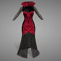 Elegant Gothic Character Dress With Red Black Intricate Pattern And Long Sleeves