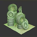 Different Sizes And Styles Of Stacked Car Tires As Automotive Parts