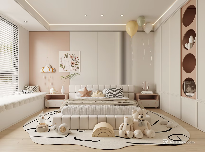 Cozy Pastel Kids Room Interior With Bed Teddy Bears Rug And Balloons 3d model 