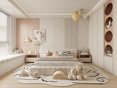 Cozy Pastel Kids Room Interior With Bed Teddy Bears Rug And Balloons 3d model
