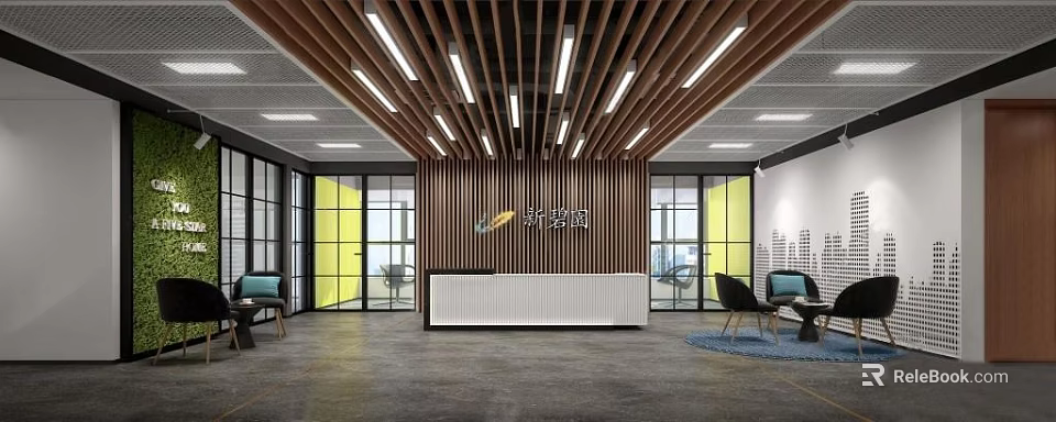 Modern Reception Area Design With Wooden Ceiling Pendant Lights Glass Windows And Seating 3d model 