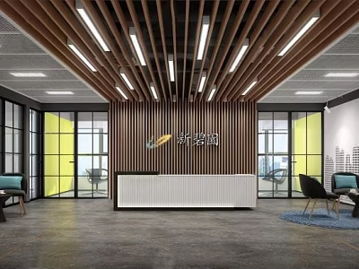 Modern Reception Area Design With Wooden Ceiling Pendant Lights Glass Windows And Seating 3d model