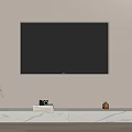 TV Stand with White Vase Camera Books and Figurine on Marble Top against Light Wall