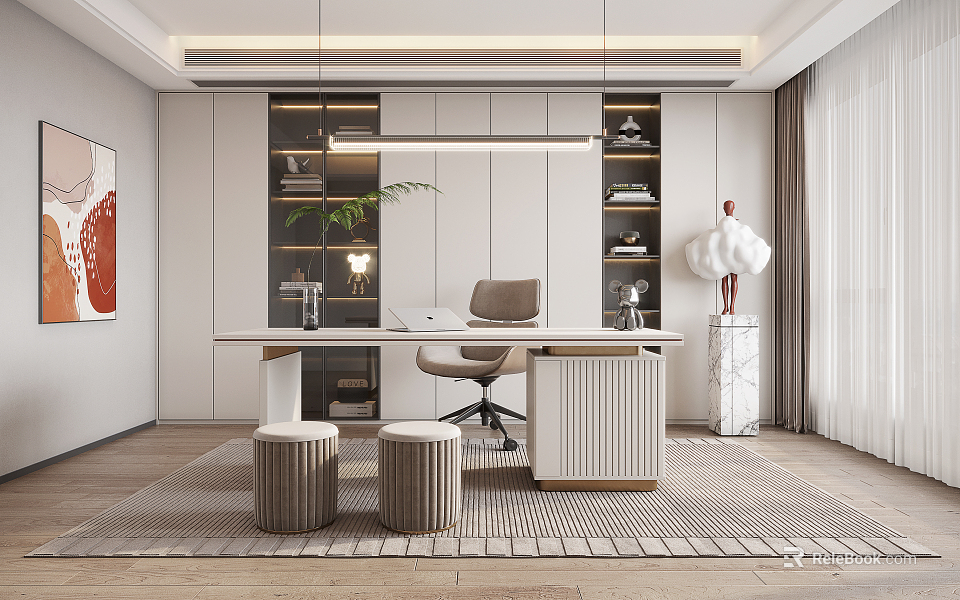 Modern Study Room Interior Design With Wooden Desk Ergonomic Chair And Floating Bookshelves 3d model 