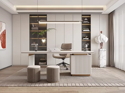 Modern Study Room Interior Design With Wooden Desk Ergonomic Chair And Floating Bookshelves 3d model