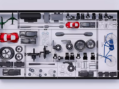 Assorted Miniature Vehicle Models Bicycle Parts And Mechanical Components Display Collection 3d model