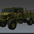 Camouflage Military Utility Truck with Open Flatbed Cargo Bed and Multiple Off-Road Wheels Design
