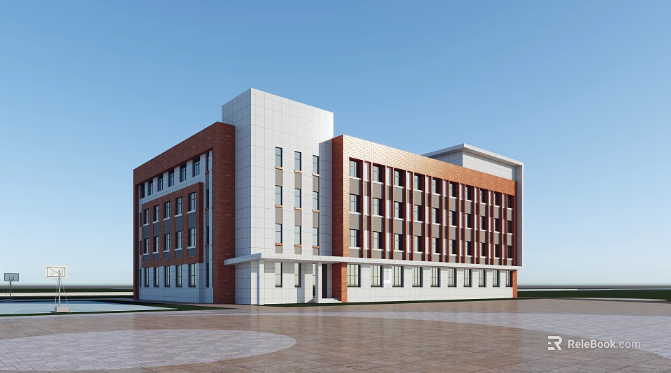 Modern School Building Featuring Red Brick Exterior White Walls Multiple Floors And Large Windows 3d model 