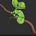 Green Reptile Chameleon With Yellow Spots Sitting On A Branch And Curled Tail