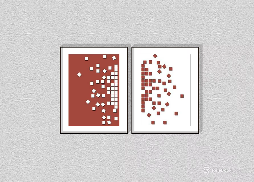 Two Modern Framed Wall Art With Red Background Square Patterns On Grey Wall 3d model