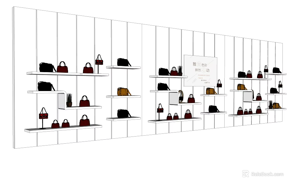 White Display Shelves With Various Colored Bags Neatly Arranged In Retail Showcase 3d model 