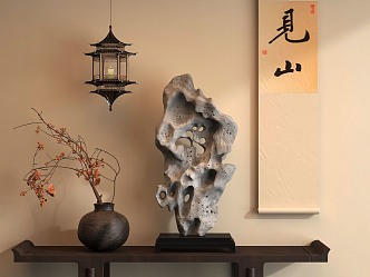 New Chinese-style Middle Ancient Entrance Cabinet Taihu Stone Dried Branches Bonsai 3d model