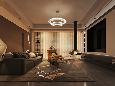 Modern Living Room Interior With Sofa Chair Chandelier Fireplace TV And Rug 3d model