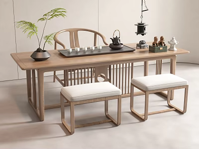 Natural Wooden Tea Table And Chairs With Tea Set Chessboard Plant And Cushioned Stools 3d model