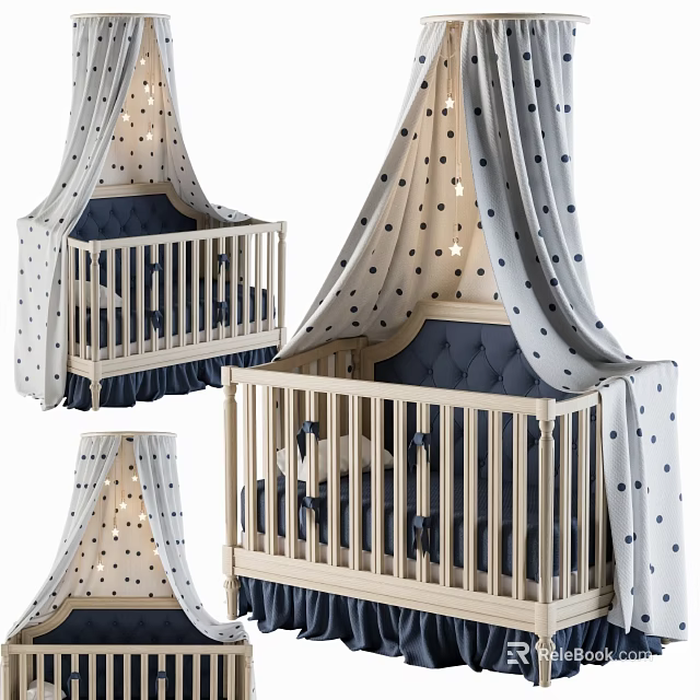 Elegant Light Wooden Baby Crib With Polka Dot Canopy And Star String Lights For Nursery 3d model 