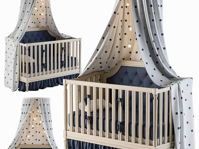 Elegant Light Wooden Baby Crib With Polka Dot Canopy And Star String Lights For Nursery 3d model