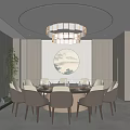 Elegant Chinese Private Dining Room Interior With Round Table Chandelier And Decorative Art