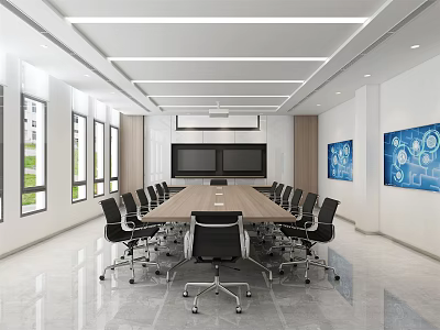 Modern Conference Room Interior with Long Table Chairs Large Screens Windows and Blue Artworks 3d model