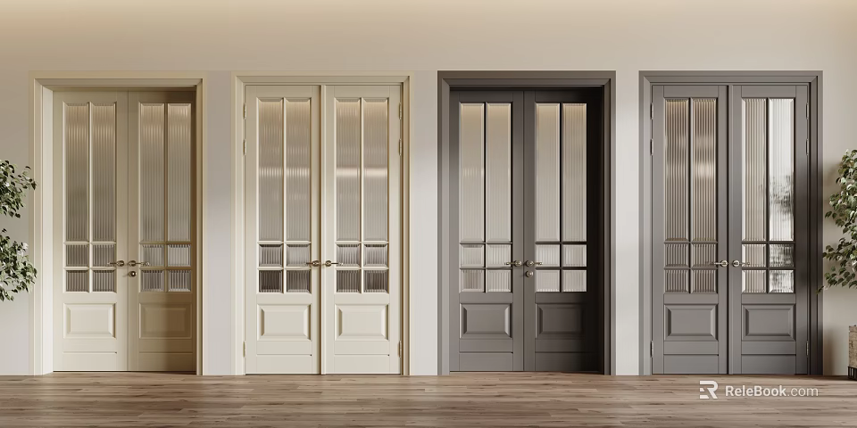 Stylish Double Doors With Glass Panels In Beige White And Gray Tones For Interior Decoration 3d model 