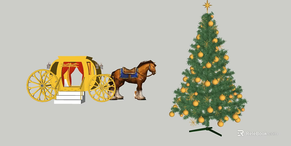 Festive Garden Landscape With Yellow Carriage Brown Horse And Decorated Christmas Tree 3d model 