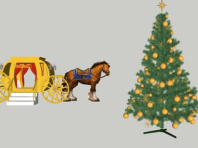Festive Garden Landscape With Yellow Carriage Brown Horse And Decorated Christmas Tree 3d model
