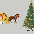 Festive Garden Landscape With Yellow Carriage Brown Horse And Decorated Christmas Tree