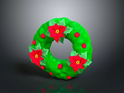 Green Festive Wreath Decorated With Red Flowers Green Leaves And Red Berries 3d model