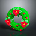 Green Festive Wreath Decorated With Red Flowers Green Leaves And Red Berries